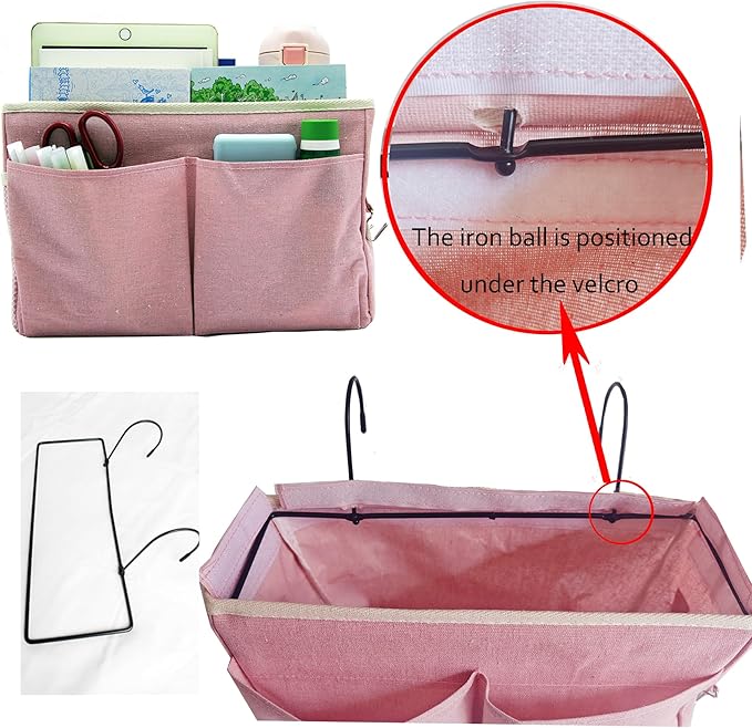 2-Pack Bedside Caddy Bedside Hanging Storage Basket Multi-Function Organizer Caddy for Bunk and Hospital Beds Dorm Rooms Bed Rails, Can be Placed Glasses Books Mobile Phones（2 pcs pink）