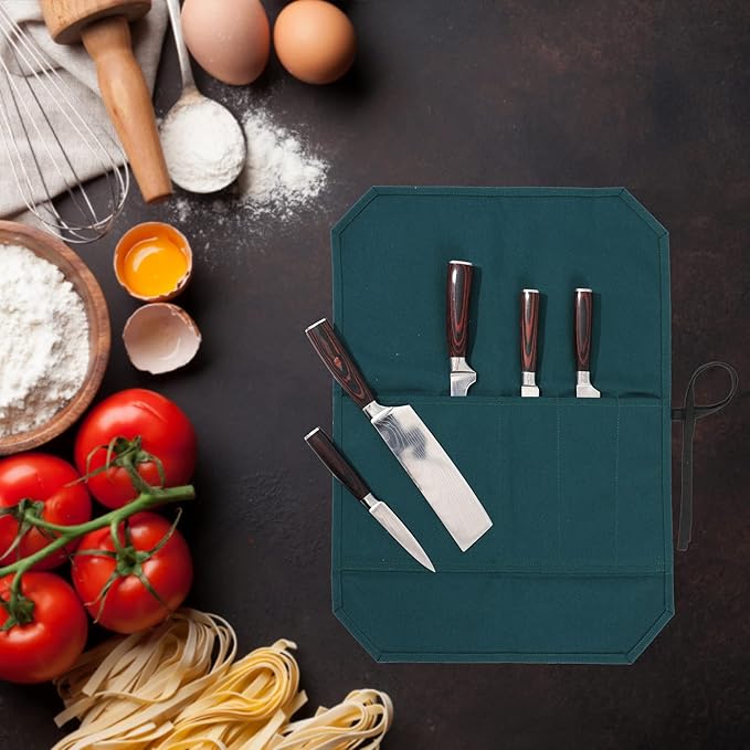 Kaaltisy Chef Knife Roll Bag, Heavy Duty 16oz Waxed Canvas Knife Storage Case, Knife Carrier Roll with Cut Resistant Fabric, 5 Slots Knife Bag with Tie Rope - Dark Green