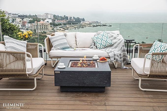Elementi | Manhattan Gas Fire Pit Cast Concrete 36" Square Fire Table, Outdoor Fire Pit Electronic Ignition | Canvas Cover, Lava Rock Included | Dark Gray (Propane Gas)