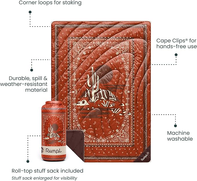 Rumpl Original Puffy Blanket - Warm, Water-Resistant Camping Blanket with 100% Recycled Synthetic Insulation, 52"x75", Original Puffy V2, Sedona Saguaro Bandana