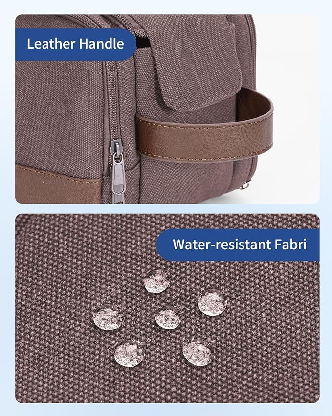 WANDF Toiletry Bag for Men Travel Toiletry Organizer Canvas and Leather Dopp Kit Water-Resistant Shaving Bag for Travel Accessories (Brown, Large)