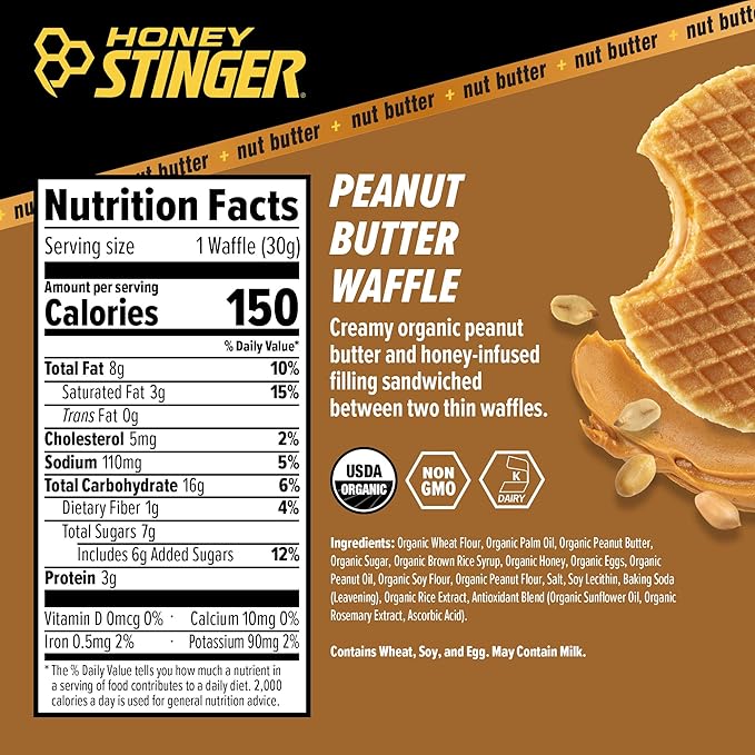 Honey Stinger Organic Peanut Butter Waffle, Energy Stroopwafel for Exercise, Endurance and Performance, Sports Nutrition for Home & Gym, Pre & During Workout, 16.96 Ounces (Pack of 16)