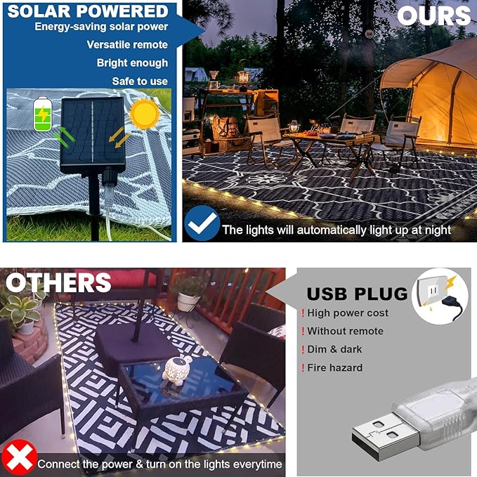 8x10Ft Outdoor Rug, Solar Powered Outdoor Rug with 113LEDs Strip Lights, Waterproof Plastic Reversible Outdoor Straw Rugs, Rugs Mat for House Deck RV Camping Patio Beach Balcony Picnic (Blue White)