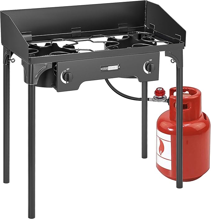 VIVOHOME 150,000 BTU Double Burner Propane Stove, Heavy-Duty Outdoor Portable Camp Stove with Windscreen & Detachable Legs for Camping, Backyard, BBQ Cookouts