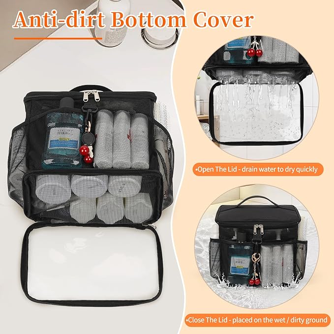 CUBETASTIC Shower Caddy Portable Mesh Shower Tote for Bathroom, Gym, Travel, Camping - Quick Dry Hanging Organizer Toiletry Bag with Handle for College Dorm Room, Men & Women (A# Black, 9.8")