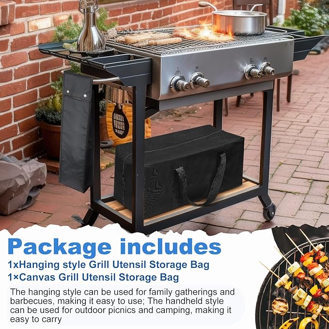 Amylove 2 Sizes Grill Utensil Storage BBQ Tool Bag Foldable Oxford Grilling Carry Bag Waterproof Grill Utensil Holder Outdoor BBQ Accessories Picnic Cooking Tools for Camp Barbecue(Plus)
