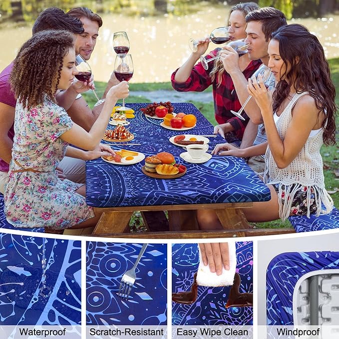Picnic Table Cover with Bench Covers Camping Tablecloth with Storage Bag Windproof Waterproof Picnic Table Covers with Elastic for Camping