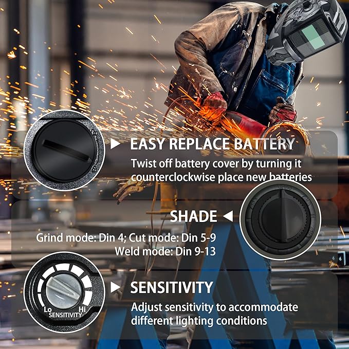 Auto Darkening Welding Helmet with Large Viewing Screen, Solar Powered, Adjustable Shade Range 9-13, Lightweight Welding Mask for TIG MIG ARC Plasma Cutting