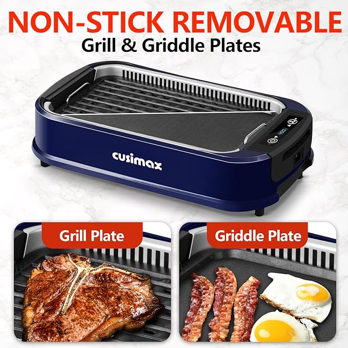 Smokeless Grill, CUSIMAX 1500W Indoor Grill, Electric Grill Griddle with LED Smart Display & Tempered Glass Lid, Portable Korean BBQ Grill, Non-stick Removable Grill & Griddle Plate