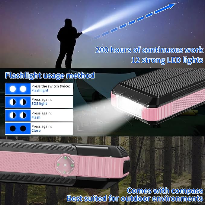 Solar Charger Power Bank 49800mAh, Portable Phone Charging Built-in 4 Cables 22.5W Fast Charging for Cell Phones, Type-C input/Output Port Solar Panel Charger with Dual Flashlights&Compass for Camping