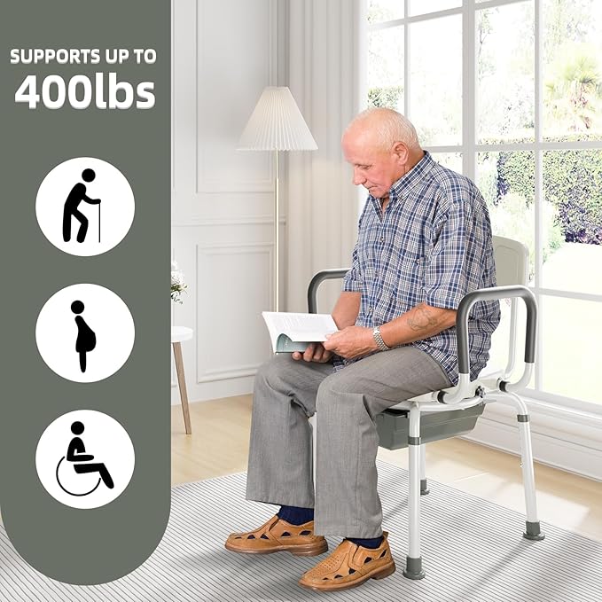 4 in 1 Bedside Commode for Seniors,Portable Toilet for Adults with Arms & Removable Bucket,Height Adjustable Commode Chair for Toilet，Swivel Shower Chair for Inside Shower for Handicapped, Adults