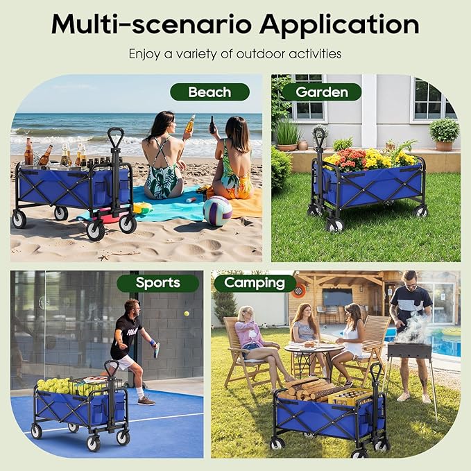 Garden Cart Folding Wagon Garden Cart Collapsible Wagon with Adjustable Handle &360°Universal Wheels for Garden Camping Shopping Beach (Blue)