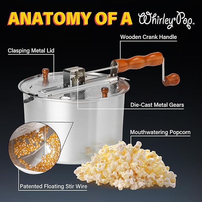 Original Whirley Pop Popcorn Maker - 6 Quart Stovetop Popcorn Popper With Four Popping Kits, Aluminum Popcorn Pot With Metal Gears, Wabash Valley Farms Stove Top Popcorn Maker, Popcorn Pan (Silver)