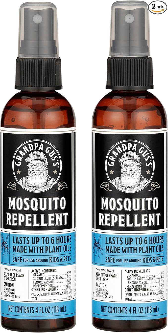 Grandpa Gus's Natural Mosquito Repellent Spray, Time-Release Plant-Based Actives, Non-Greasy, No Stains, DEET-Free, 4 oz (Pack of 2)
