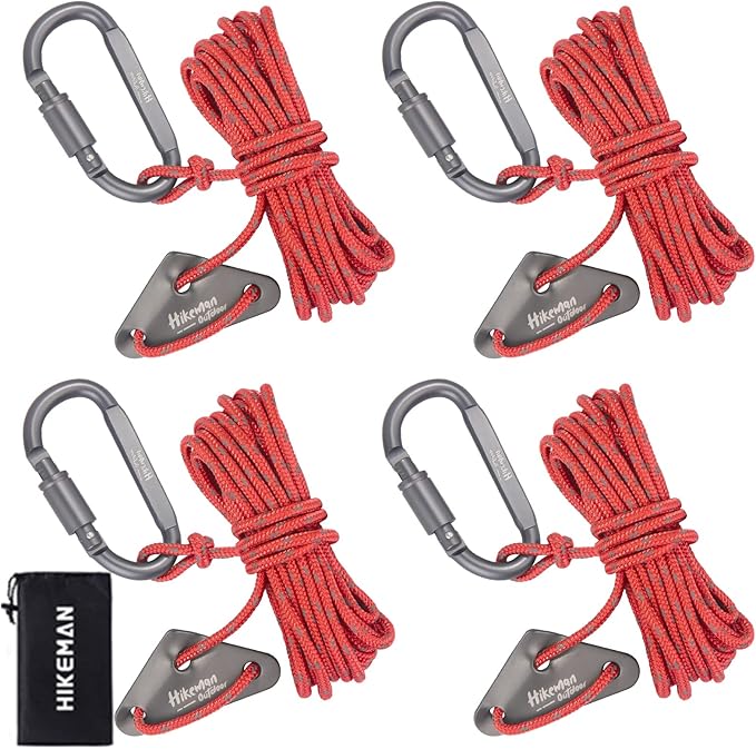 Hikeman 4 Pack Camping Rope with Locking Carabiner Clip,4mm Reflective Guy Lines with Triangular Guyline Adjuster Tensioner,Nylon Cord for Tent Tarp Tie Down,Hiking,Backpacking