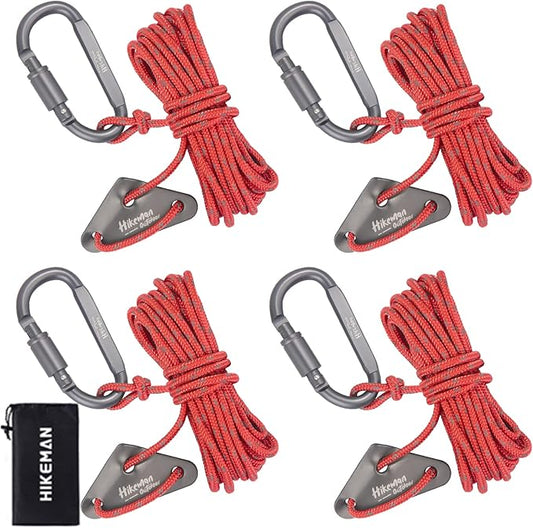 Hikeman 4 Pack Camping Rope with Locking Carabiner Clip,4mm Reflective Guy Lines with Triangular Guyline Adjuster Tensioner,Nylon Cord for Tent Tarp Tie Down,Hiking,Backpacking