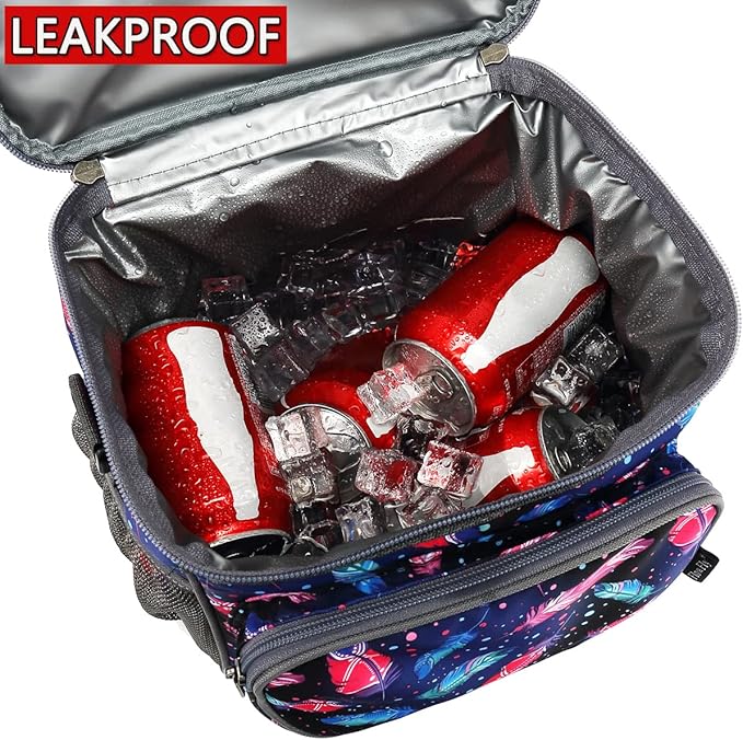FlowFly Insulated Reusable Lunch Bag Adult Large Lunch Box for Women and Men with Adjustable Shoulder Strap,Front Zipper Pocket and Dual Large Mesh Side Pockets,Feather