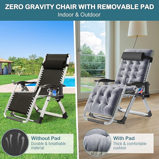 NAIZEA Padded Zero Gravity Chair, Folding Outdoor Lounge Chairs, Adjustable Reclining Camping Chairs with Cup Holder, Ergonomic Patio Lawn Chair for Balcony Beach Deck Yard
