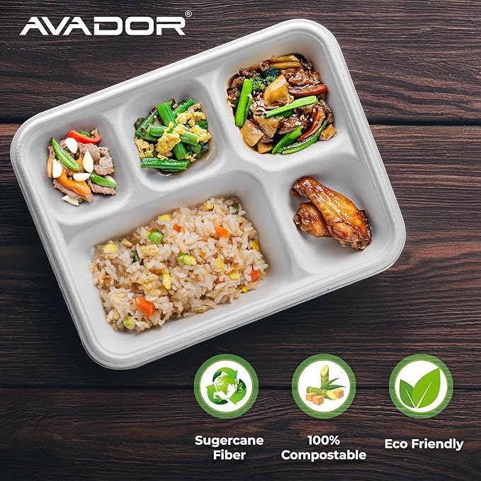 AVADOR® Compostable Tableware 100% Eco-Friendly & Biodegradable Dinnerware Eco-Conscious, Disposable, and 100% Biodegradable (5 Compartment Tray Pack of 125)