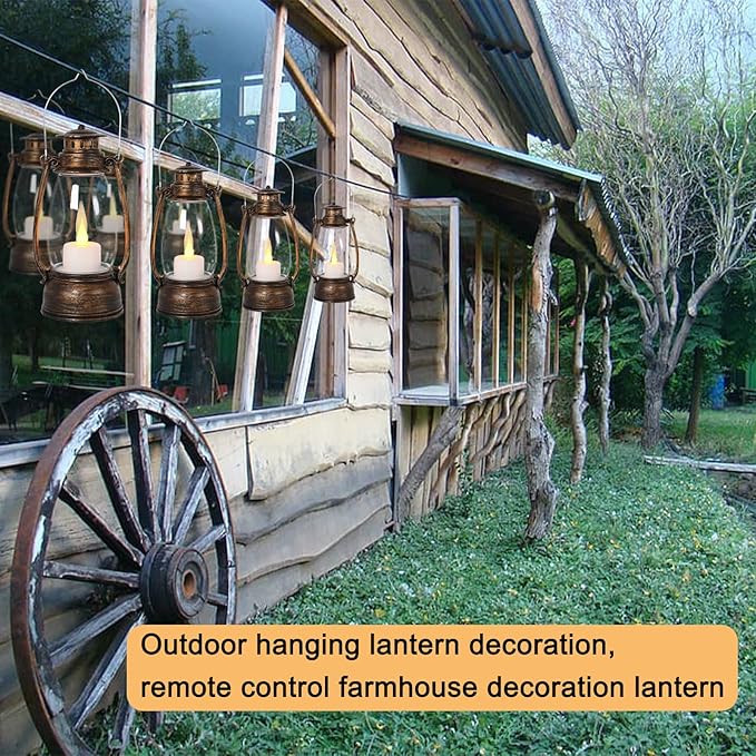 Vintage Lantern Decor, 4-Pack Flickering LED Candle Lantern with Remote Small Sized Lantern Indoor Outdoor Hanging Lanterns for Wedding Centerpiece,Halloween,Christmas,Farmhouse Decorations