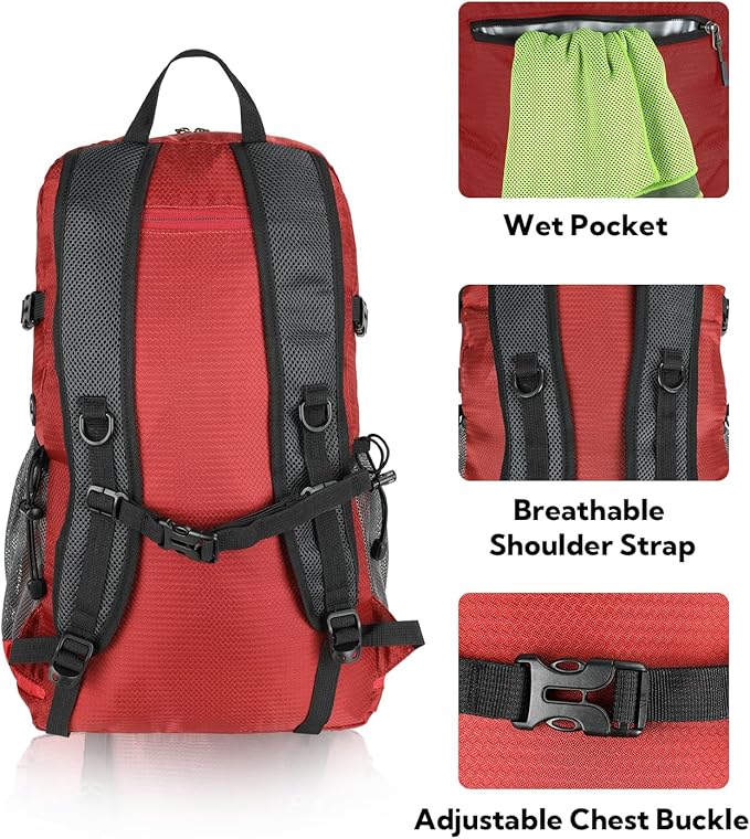 WATERFLY Lightweight Packable Hiking Backpack: 30L Foldable Travel Daypack Ultralight Camping Day Pack for Woman Man