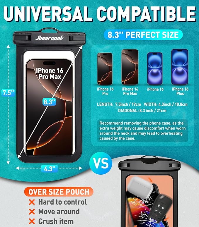 Hiearcool Waterproof Pouch for iPhone, Waterproof Phone Bag Travel Essentials Cruise Accessories Must Haves-4Pack Black
