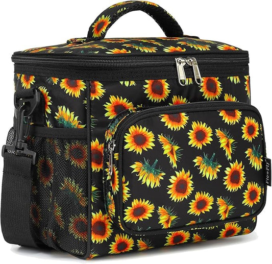 FlowFly Insulated Reusable Lunch Bag Adult Large Lunch Box for Women and Men with Adjustable Shoulder Strap,Front Zipper Pocket and Dual Large Mesh Side Pockets,Sunflower