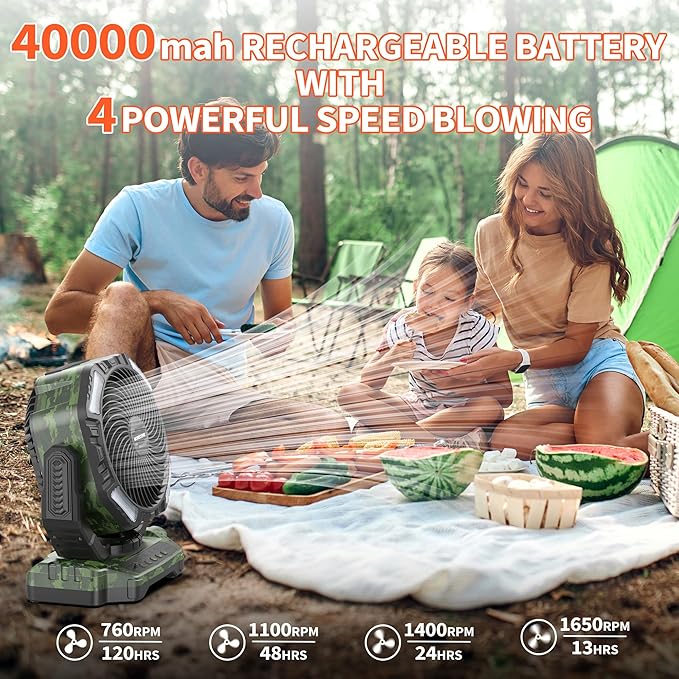 MORECORE 40000mAh Battery Operated Camping Fan with Light, 120HRS Running, Powerful 4 Speeds & Auto Oscillating, with Timer & Hook, for Travel Tent RV Emergency Hurricane Jobsite Garage-Camo Green