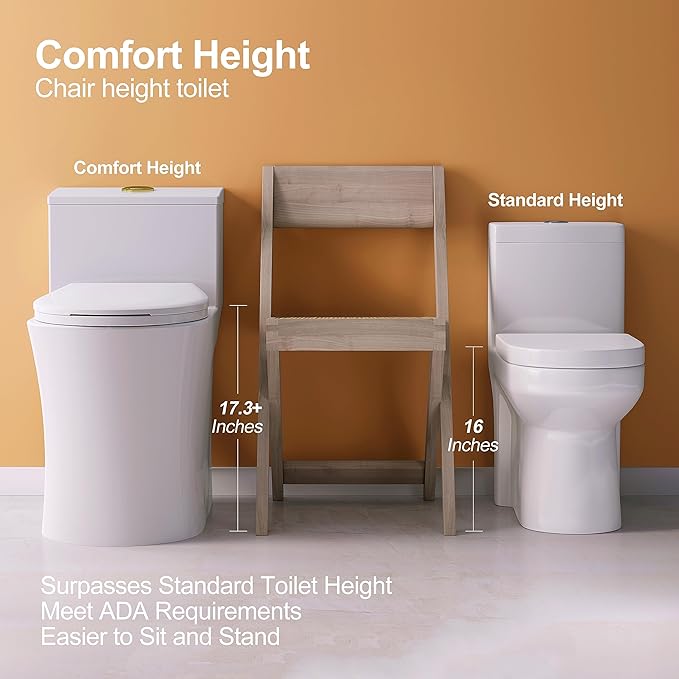 HOROW T0338WG One Piece Toilet with Gold Button, Elongated Toilet with Comfort Seat Height, ADA Chair Height 17.3", Dual Flush 0.8/1.28 GPF & MAP 1000g, Standard White Toilet Bowl, Gold Tank Button