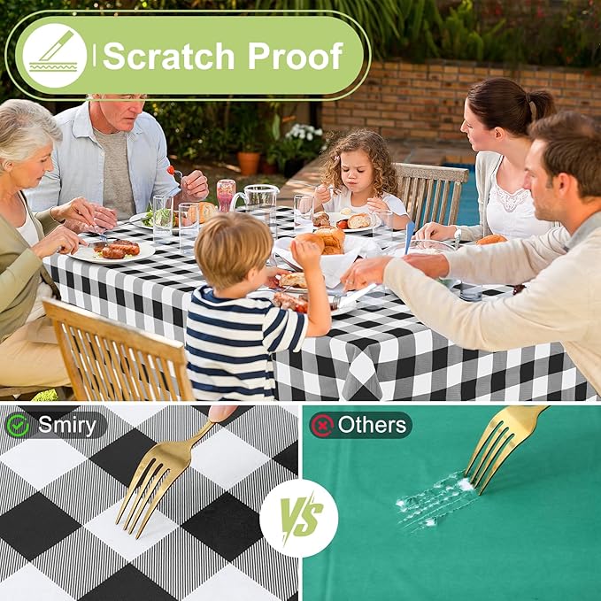 Smiry Rectangle Table Cloth, Waterproof Vinyl Tablecloth with Flannel Backing, Wipeable Buffalo Plaid Table Cover for Dining, Indoor and Outdoor (Black & White, 60"x102")