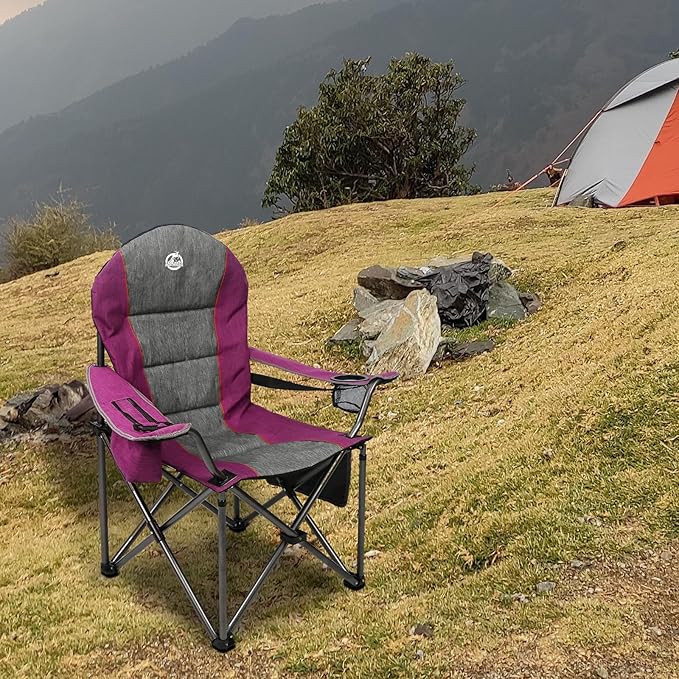 Northroad Oversized Portable Camping Chair, Full Padded Outdoor Folding Chair Support 350 LBS, Heavy Duty Lawn Chair with Cup Holder, Cooler Bag, Lumbar Support, Head Pocket for Adult (Purple)