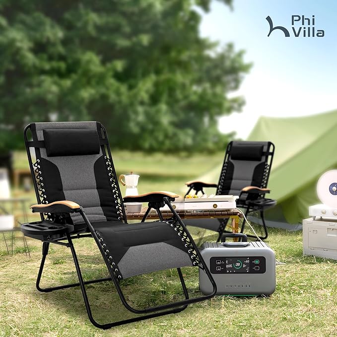 PHI VILLA XXL Oversized Padded Zero Gravity Chair, Foldable Patio Recliner, 30" Wide Seat Anti Gravity Lounger with Cup Holder, Support 400 LBS (Black)