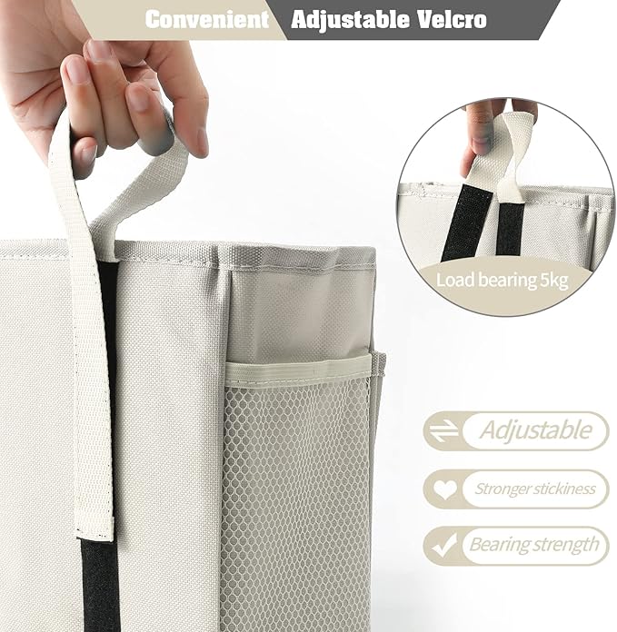 Bunk Bed Organizer, Bedside Caddy Hanging Bed Organizer Storage Bag with 4 Pockets and 2 Hooks, for College Dorm Rooms Bed, Hospital Bed, Baby Bed Rails, 600D Oxford Cloth (Beige)