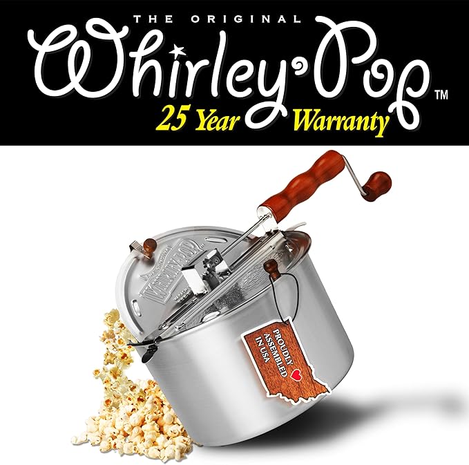 Original Whirley Pop Popcorn Popper with Kernels – 6-Quart Silver Popcorn Maker, Fast & Easy-to-Use Snack Machine for Movie Nights, Durable Aluminum Stovetop Popper with Metal Gears