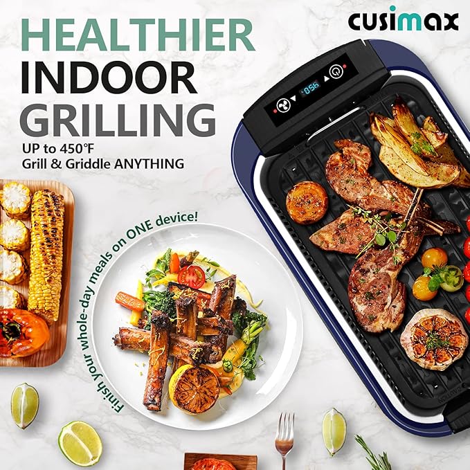 Smokeless Grill, CUSIMAX 1500W Indoor Grill, Electric Grill Griddle with LED Smart Display & Tempered Glass Lid, Portable Korean BBQ Grill, Non-stick Removable Grill & Griddle Plate