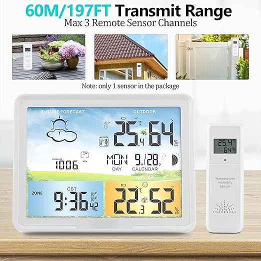 Home Weather Station Wireless Indoor Outdoor Thermometer, Portable Digital Weather Clock Atomic, Bluetooth Color Forecast Station, Multiple Sensors Weather Monitor with Alarm (1 Remote)