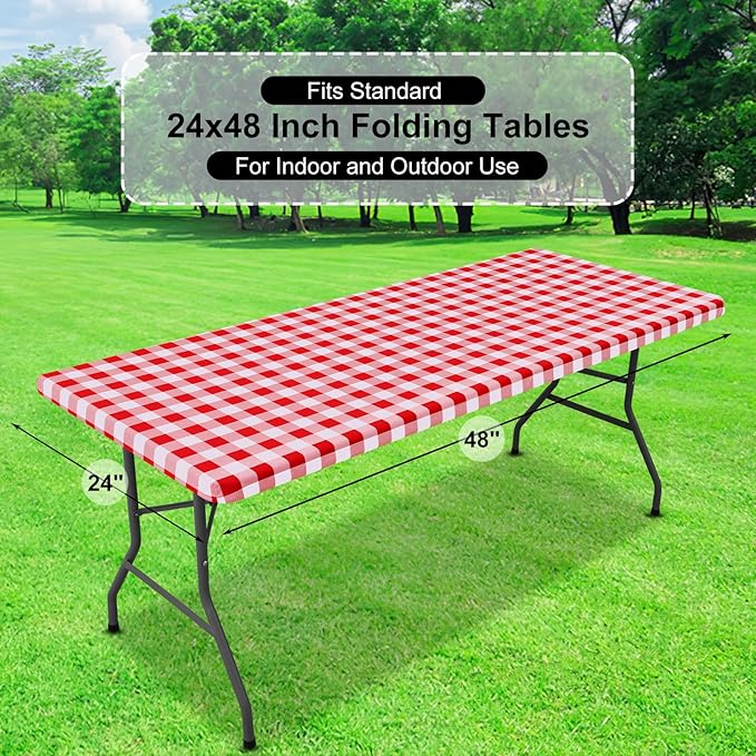 misaya Buffalo Rectangle Picnic Tablecloth, 4 Foot Elastic Fitted Vinyl Table Cloth with Flannel Backing, Waterproof Plaid Table Covers for Dining, Camping, Outdoor (Red and White, 24" x 48")