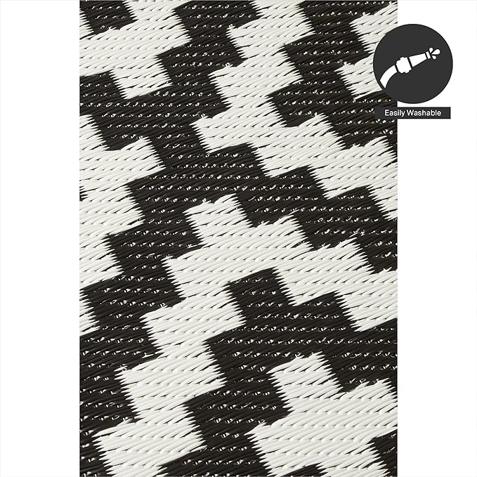 FH Home Outdoor Camping Rug - Waterproof, Fade Resistant, Reversible - Premium Recycled Plastic - Geometric - Picnic, Patio, Deck, Sunroom, RV - Aztec - Black & White - 4 x 6 ft Foldable