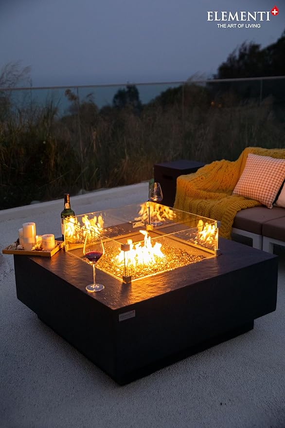 Elementi+ | Bundle Bergen Gas Fire Pit Cast Concrete 40" Square Fire Table, Outdoor Fire Pit Electronic Ignition | Canvas Cover, Fire Glass and Burner Lid Included | Dark Gray | Natural Gas