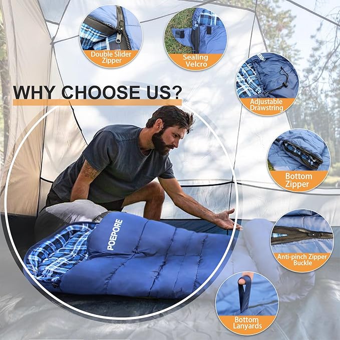 0 Degree Sleeping Bag 100% Cotton Flannel XXL Cold Weather Winter Oversized Sleeping Bag for Adults Camping Zero Degree Big and Tall with Compression Sack