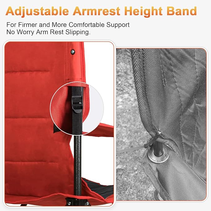 Romswi Oversized Camping Chairs,Heavy Duty Support 500 LBS,Padded Back & Arm Sport Chairs, Cup Holder Cooler Bag, Collapsible Folding Chairs for Outdoor, Fishing & Garden, Red,2-Pack