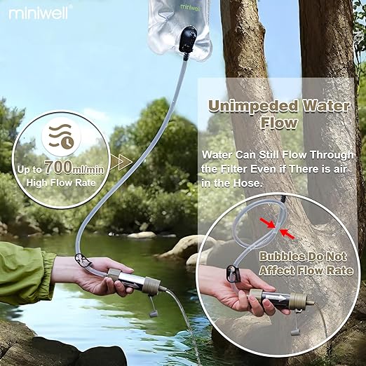 Miniwell L630 Portable Water Filter with Upgraded Vacuum Packaging - 25 Year Storage, Long Lasting and Versatile Usage Options, 3 Pack Filter and 1L Bottles