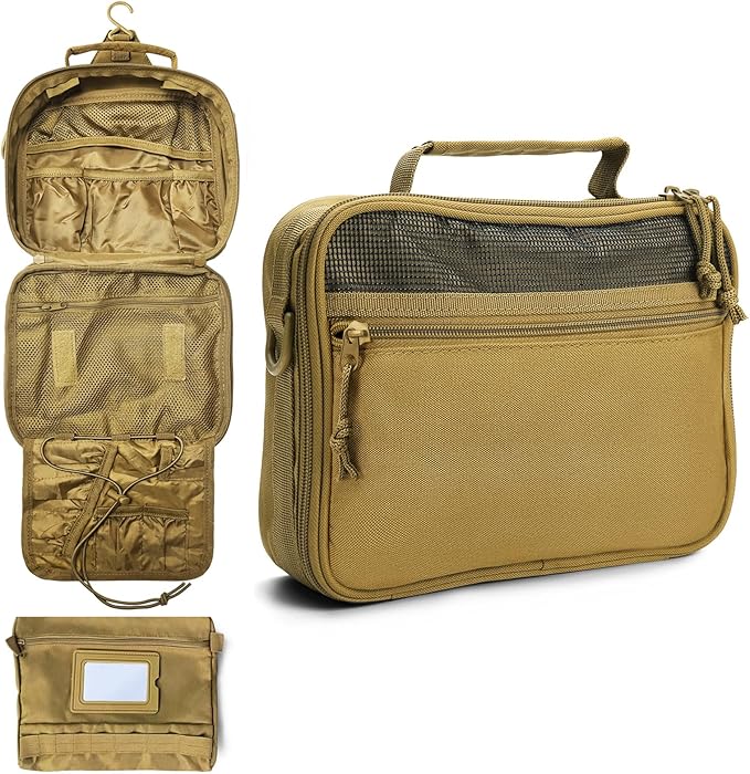 SMONT Toiletry Bag for Men Travel Toiletry Organizer Dopp Kit Organizer Toiletries Travel Bag Shaving Hygiene Bag Bathroom Hanging Men's Toiletry Bag for Short Trips Khaki