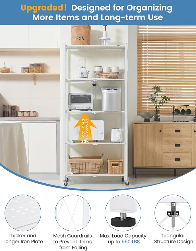 ALANNG 70.7" H Metal Storage Shelves, 5 Tier Folding Shelf on Wheels, Heavy Duty, No Assembly, Rolling, Collapsible Rack Unit for Kitchen, Basement, Pantry (White,3 Pack)