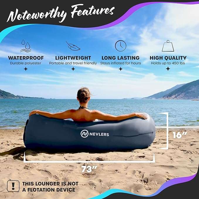 Nevlers Inflatable Lounger | 210T Polyester Inflatable Chair | No-Pump Blow Up Couch | Camping Couch Air Sofa Bed w/ 450 lbs. Cap., Pockets & Matching Bag | Use as Inflatable Couch for Adults & Kids