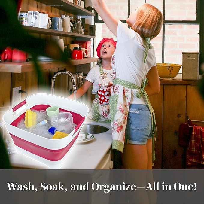 Collapsible Dish Basin, Wash Basin for Baby Bottles, Foldable Wash Tub for Kitchen, RV Camping Sink, Outdoor Kitchen, Sturdy & Easy to Clean (Magenta)