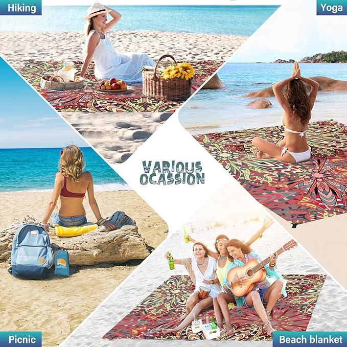 Beach Blanket Waterproof Sandproof 1-7 Adult Oversized 78 '' × 110 '' Lightweight Durable Compact Sand Free Beach Mat for Travel Camping Hiking Picnic Blanket Extra Large