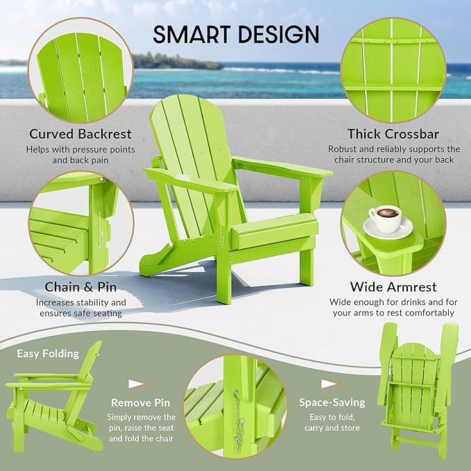 WestinTrends Malibu 2 Piece Set Outdoor Folding Poly Adirondack Chair, Lime