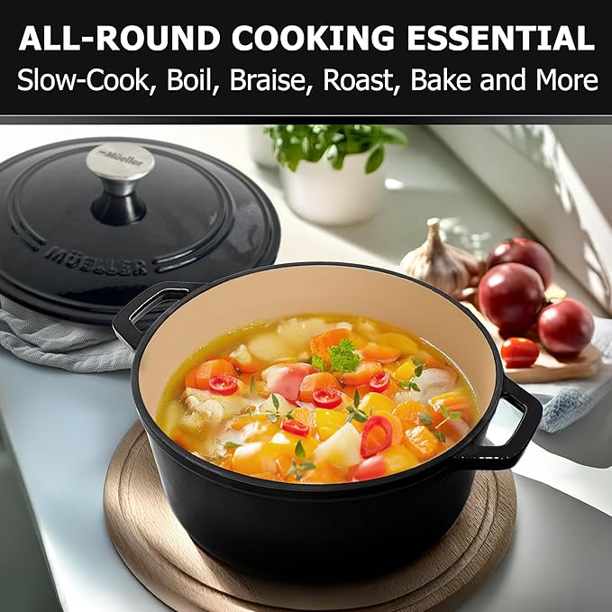 MÜELLERHOME 6 Quart Enameled Cast Iron Pot Dutch Oven, Heavy-Duty Oven-Safe up to 500° F, & Across All Cooktops, Casserole Dishes for Ovens, Bread Pan with Lid and Knob, Cast Iron Cookware, Black
