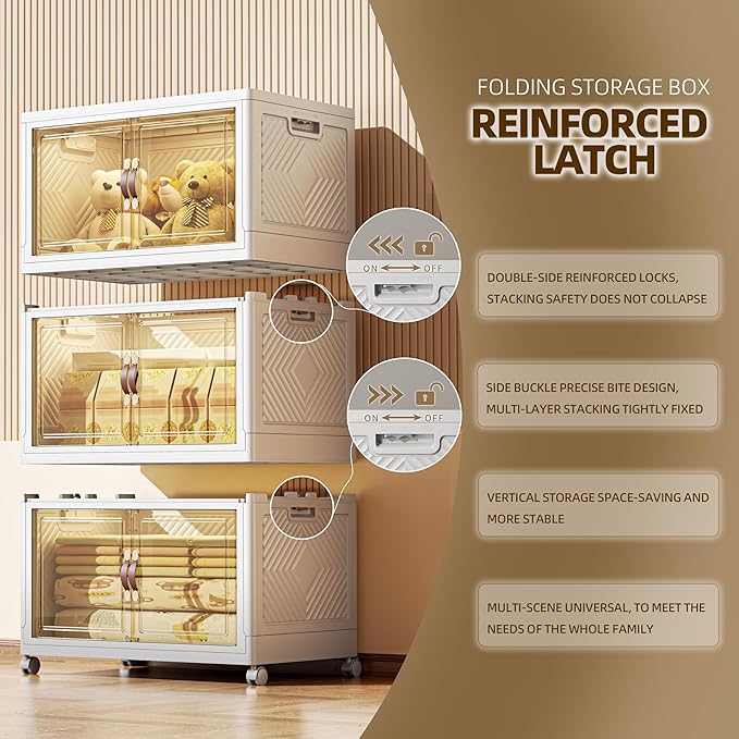 312 QT / 78 Gal Stackable Collapsible Storage Bins with Magnetic Doors & Wheels - Space-Saving Plastic Organizer Cabinet for Closet, Office, Home (White)